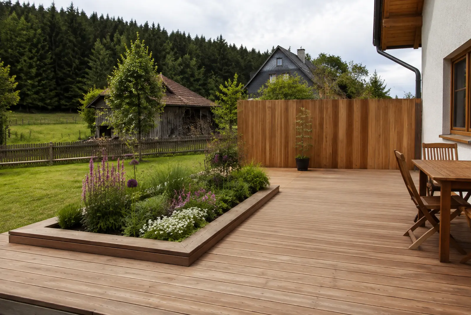 Holzterrasse mit eingelassenem Beet und Zaun im gleichen Holz