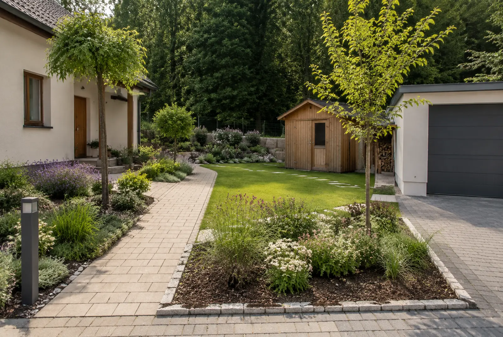 Neu angelegter Garten mit Weg, Fläche und Bepflanzung